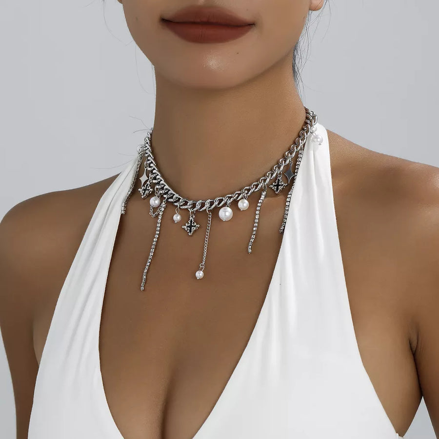 Silver with Tassel Star-moon Synthetic Pearl Pendant Choker in Silver
