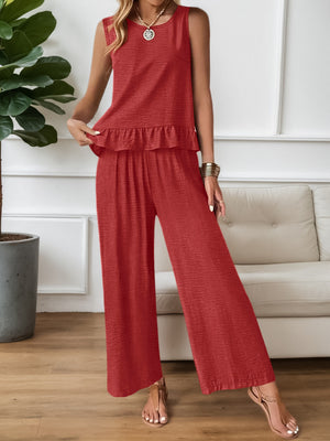 Red ruffled hem two-piece set with wide leg pants and a sleeveless top.