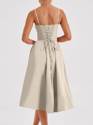 Polyester blend containing at least 50% but less than 70% polyester midi dress in White with fit-and-flare silhouette