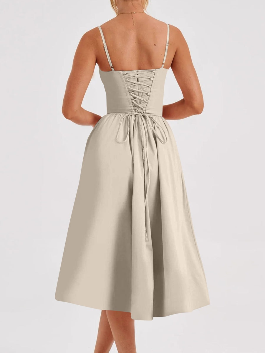 Polyester blend containing at least 50% but less than 70% polyester midi dress in White with fit-and-flare silhouette
