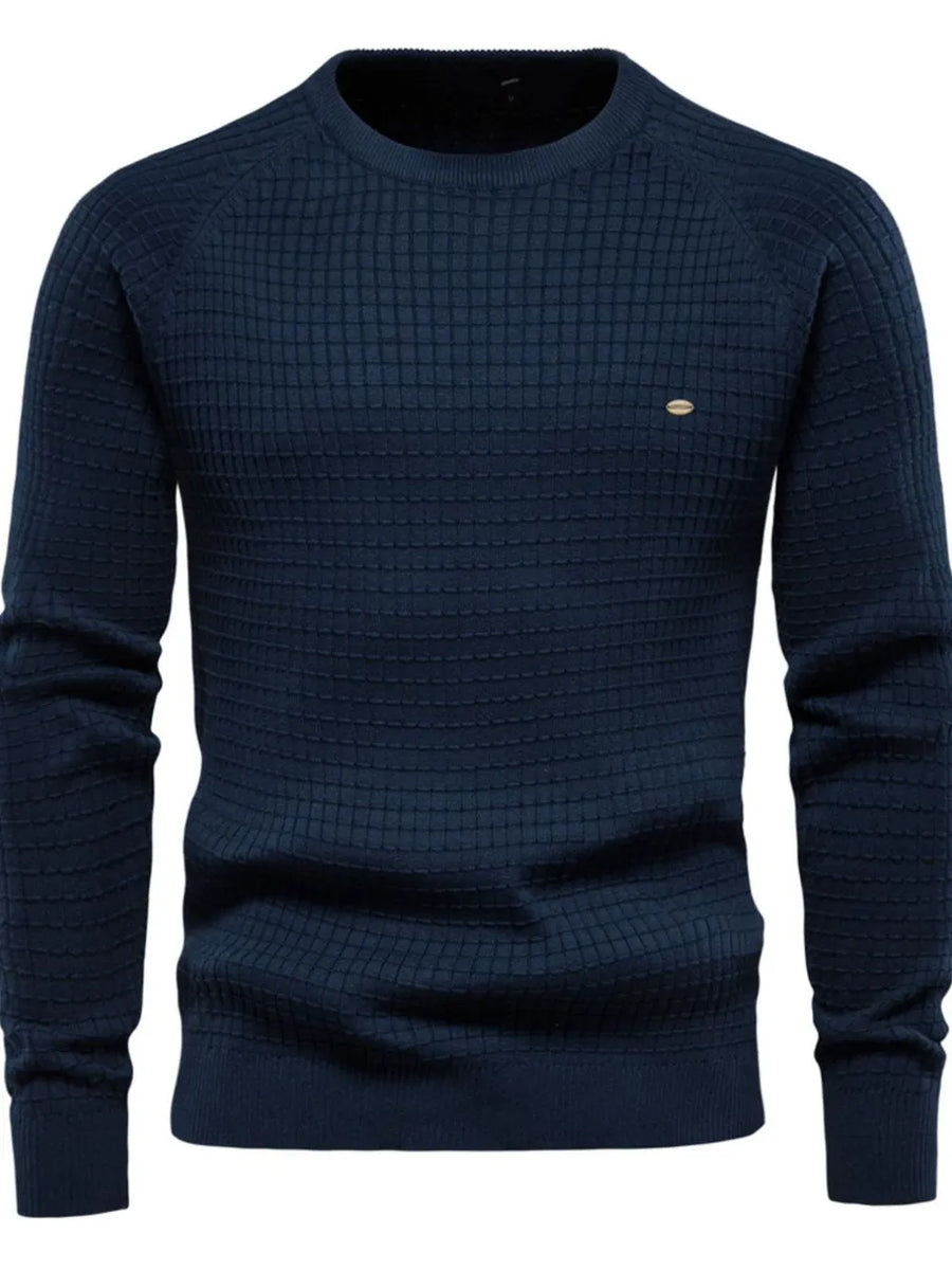 Navy crewneck sweater with textured grid pattern and raglan sleeves.