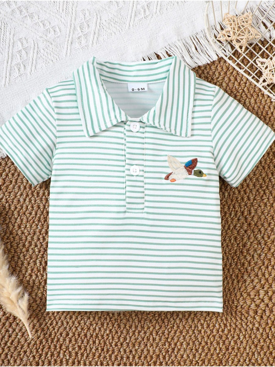 Light Green striped cotton polo shirt for baby with embroidered duck detail.