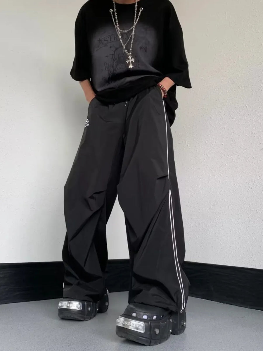 Black with Men's Striped Wide Leg Pants