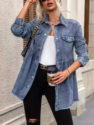 denim jacket in light blue featuring buttoned and A-line fit