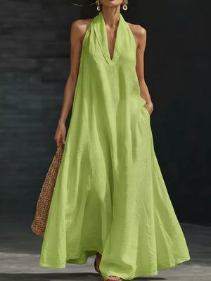 Lime halter neck maxi dress with pockets, 100% polyester, V-neck, flowy skirt.