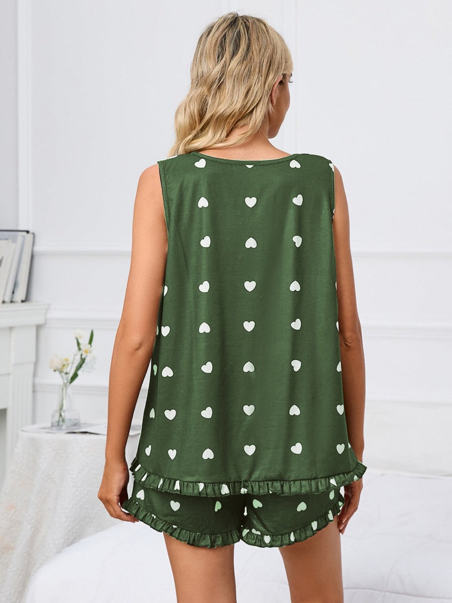 Army green heart print loungewear set with ruffle hem shorts and tank top.