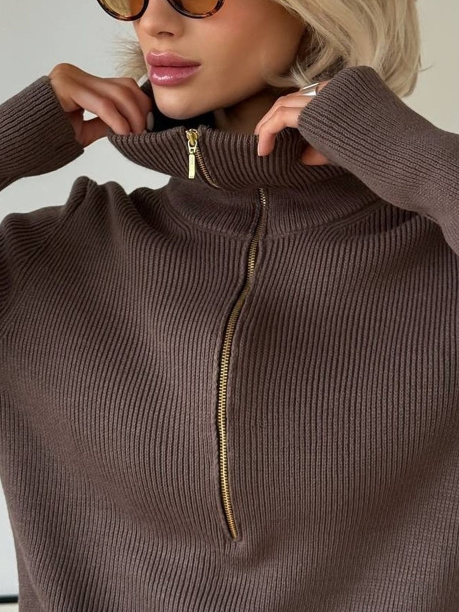 classic zip-up sweater in Brown with collared