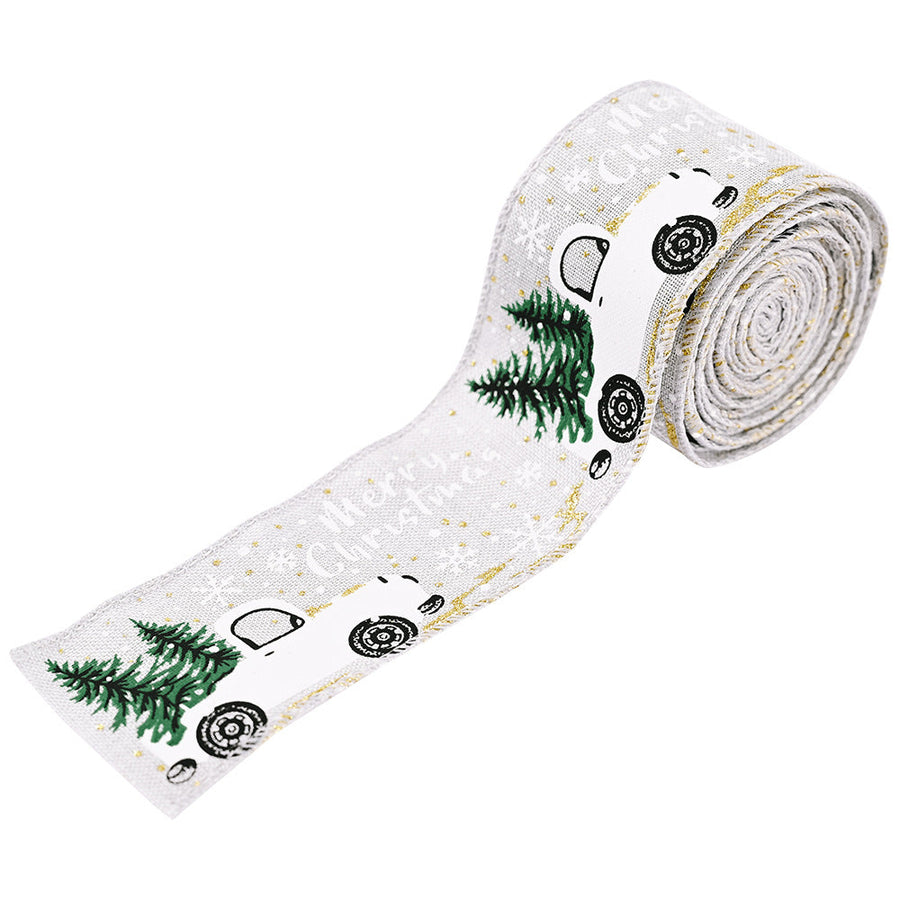 Light Gray festive truck and tree printed ribbon with Merry Christmas text