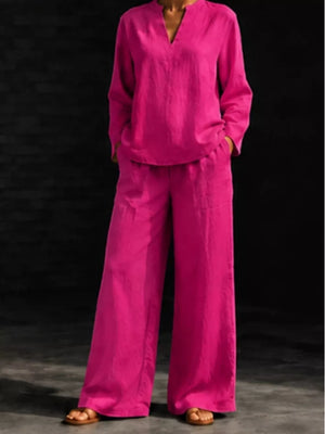 Notched Long Sleeve Top And Pants Set in white with notched