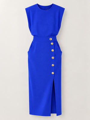 Sleeveless Midi Bodycon Dress With Gold Buttons in Green