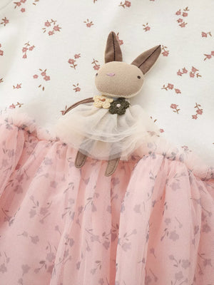 Baby dress with bunny applique, floral print, and pink tulle skirt.