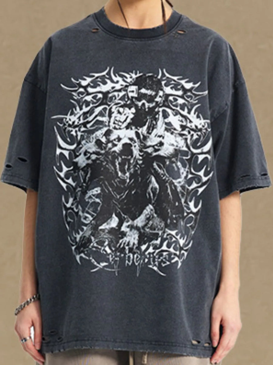 Black distressed oversized graphic tee with wolf and skull design