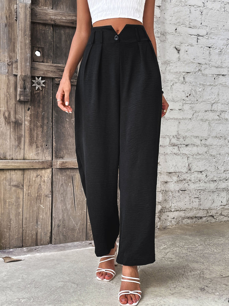 Black textured wide-leg tailored trousers with a high waist and button closure.