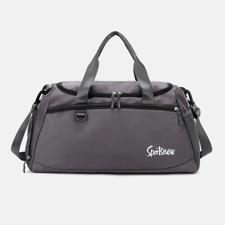 Sportsnew dark gray nylon duffle bag with dual zippers and side strap.