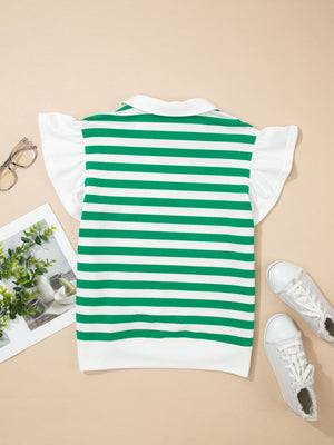 Green and white striped cotton blouse with ruffled sleeves and collar.