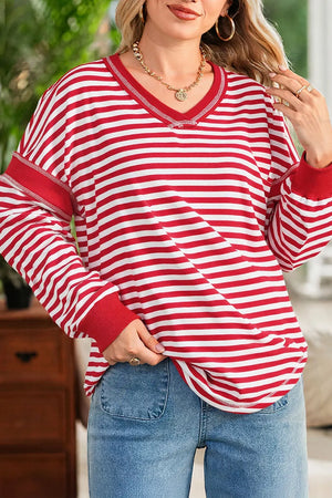 red sweatshirt with striped and v-neck