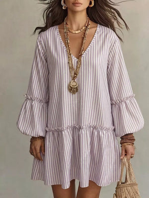 Striped Balloon Sleeve Mini Dress Plus Size in Light Green