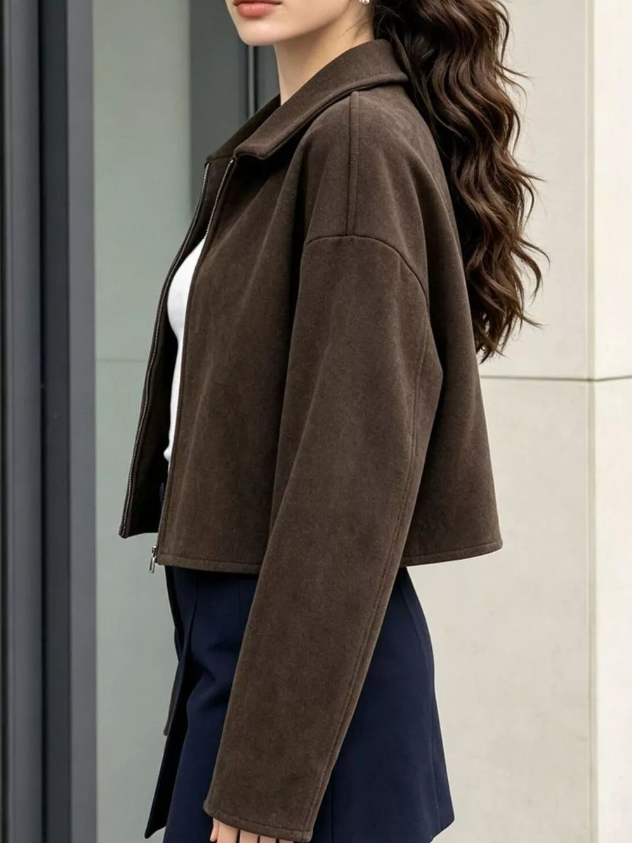 70% Polyester 30% Rayon Care instructions: Machine wash cold jacket in Brown with relaxed silhouette