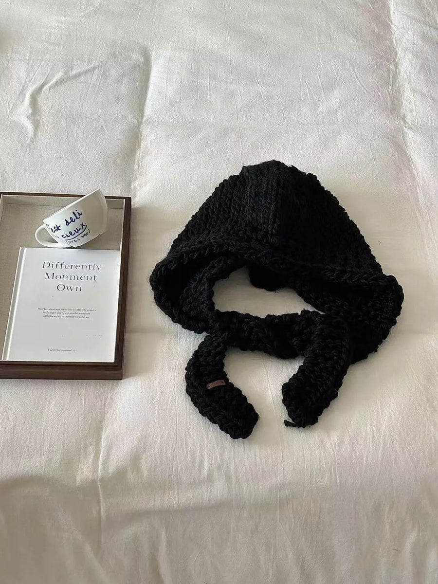 Black chunky knit wool earflap beanie with ties