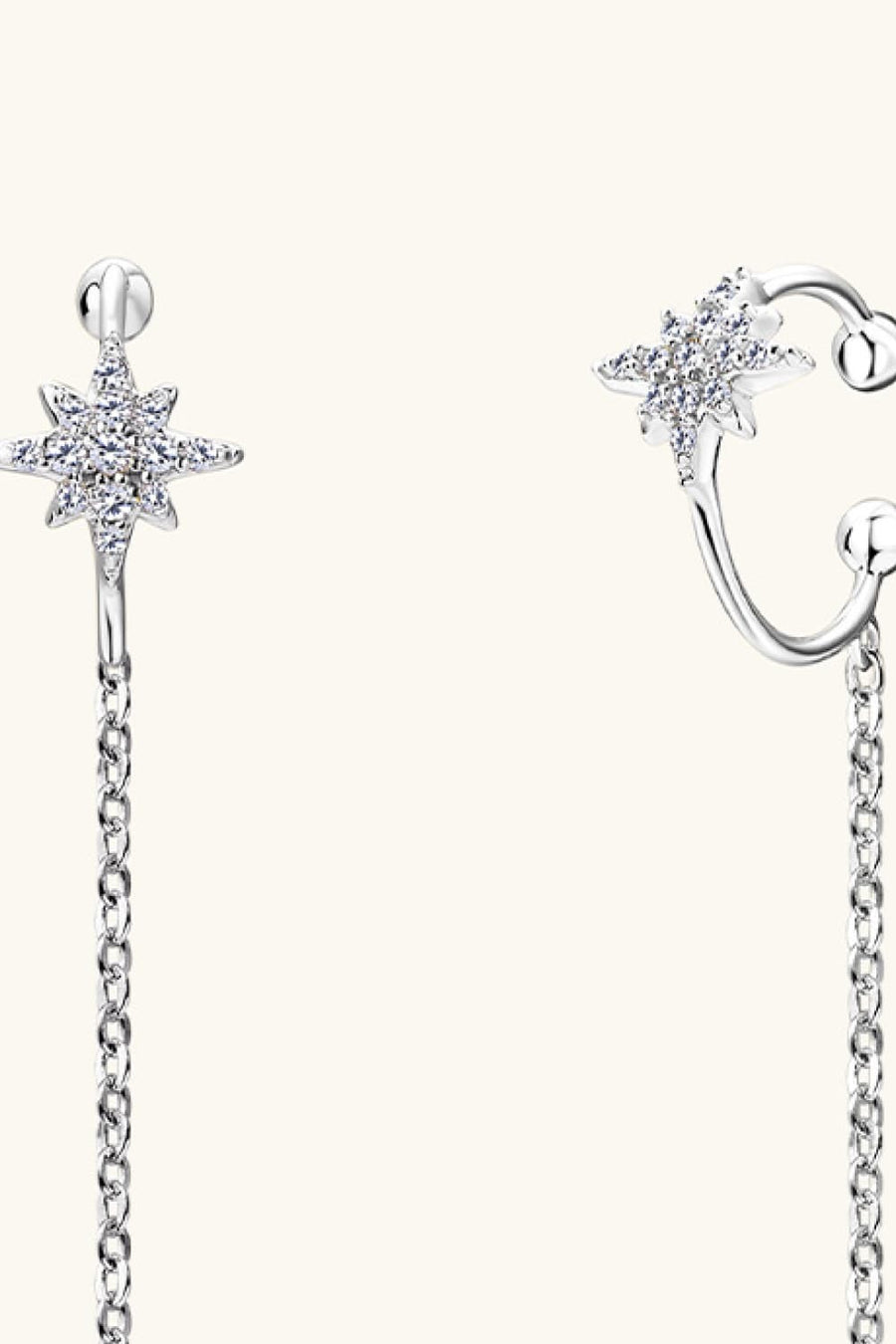 Silver moissanite starburst threader earrings with chain detail