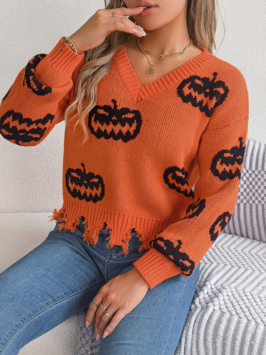 pullover sweater in Gray with pumpkin and raw hem