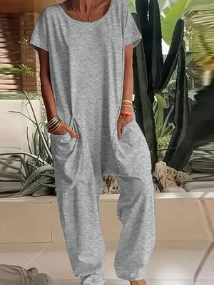 Purple Loose Fit V-neck Short Sleeve Wide Leg Jumpsuit