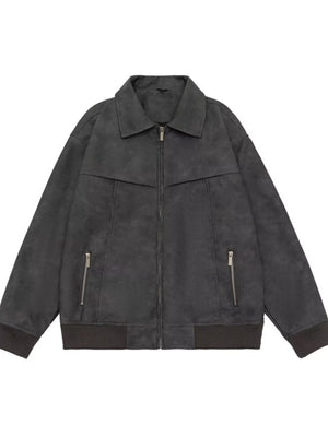 Gray drop shoulder bomber jacket with zip pockets and ribbed cuffs.