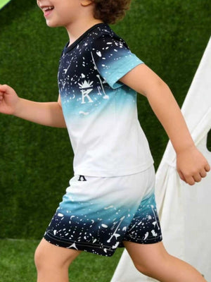 Toddler ombre splash print t-shirt and shorts set, blue gradient with white speckles.