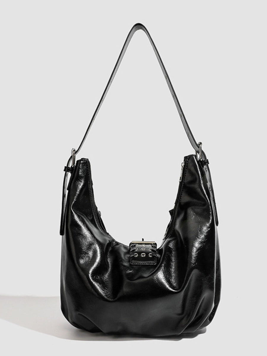 Studded Patent Leather Hobo Shoulder Bag in black with studded