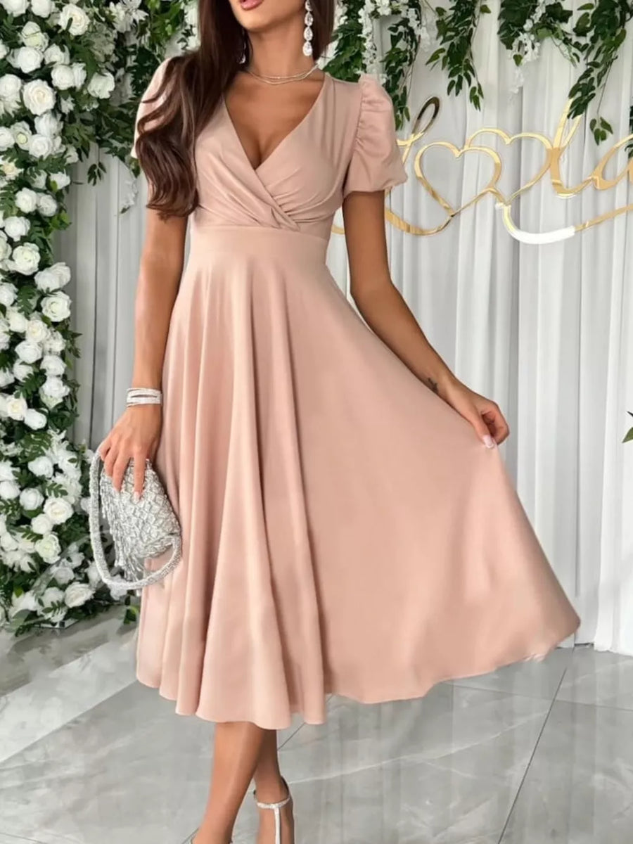 Watermelon pink A-line midi dress with v-neck