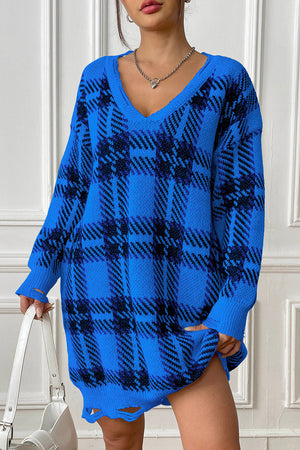 Royal blue plaid knit mini dress with distressed hem and V-neck.