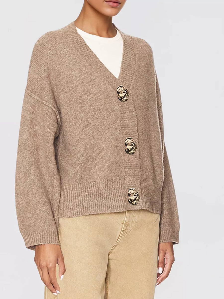 Khaki cardigan with decorative button and long sleeve