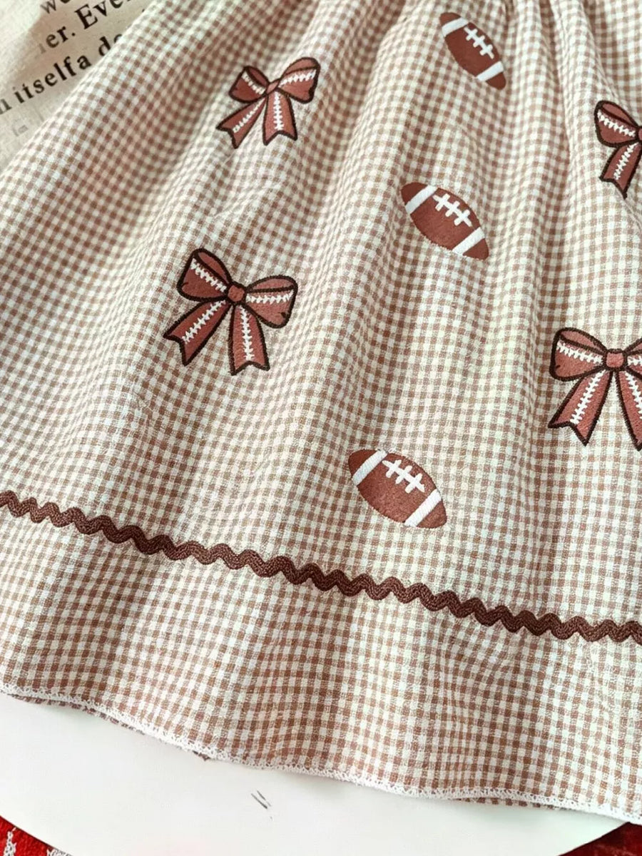 Brown with Children's Gingham Football Puff Sleeve Dress in Brown