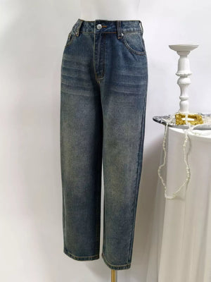 95% polyester, 5% elastane Care instructions: Machine wash cold straight jeans in dark wash blue with straight silhouette