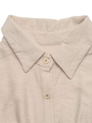 Beige collared midi dress with button-down detail and tie-waist.