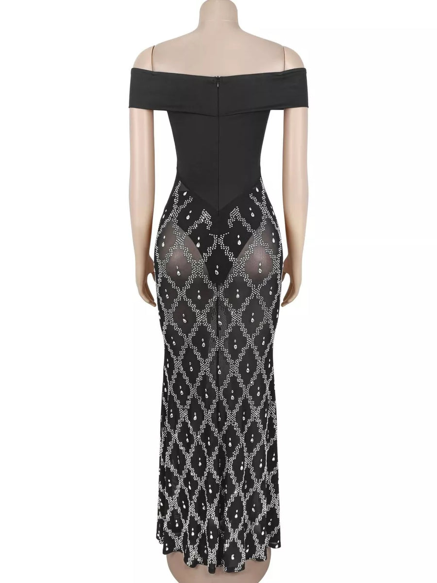 Black bodycon maxi dress with off-shoulder