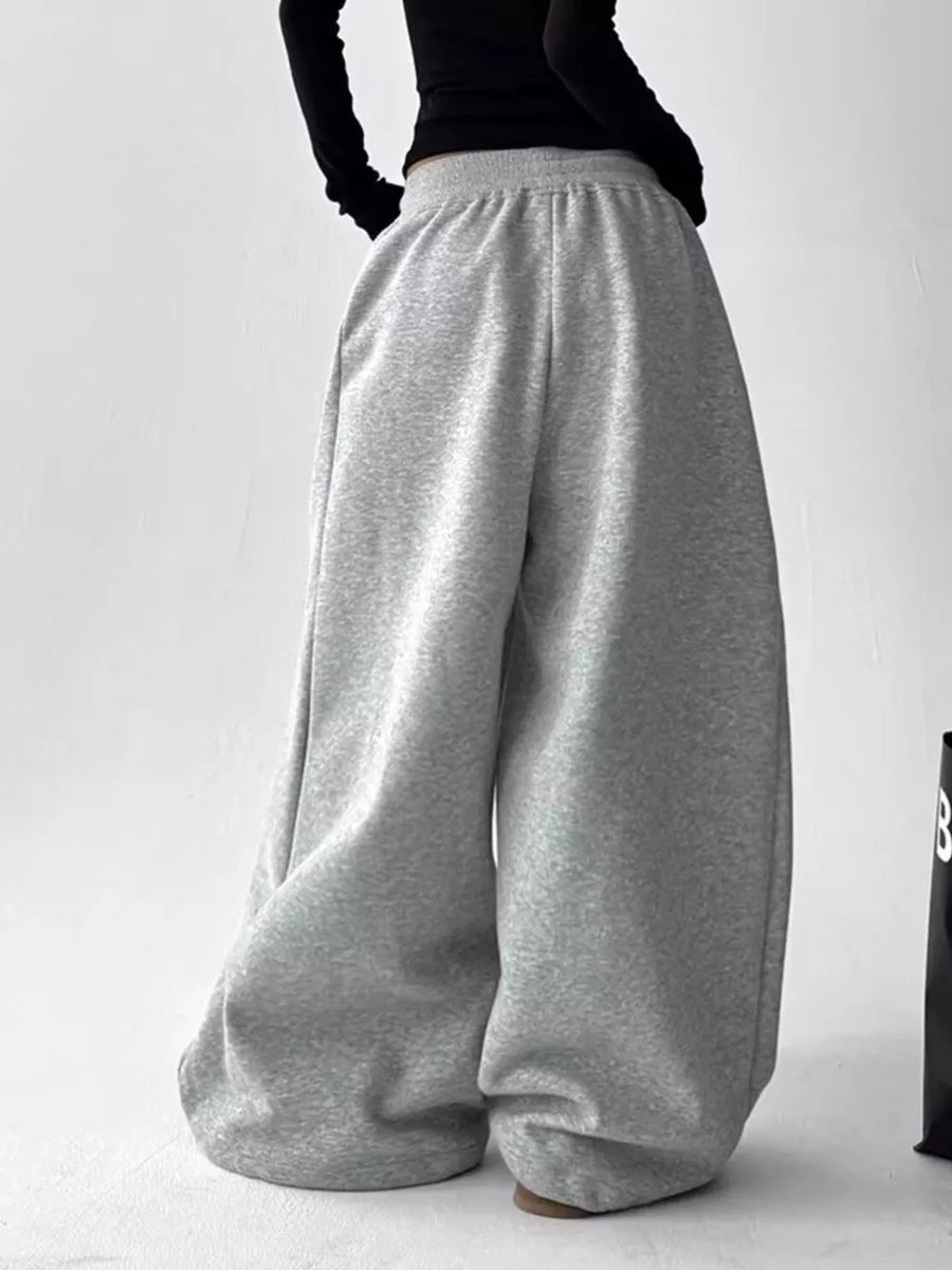 Gray/white wide-leg pants with full-length and drawstring