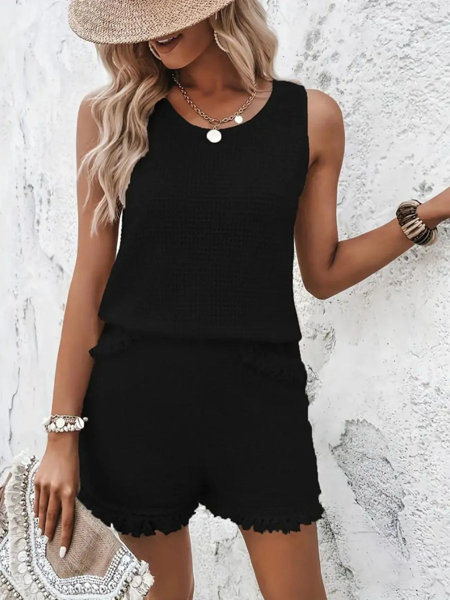 Black waffle knit tank top with fringe trim shorts set