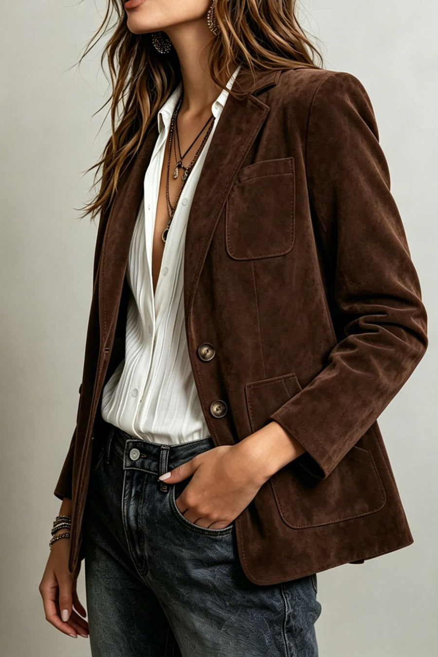 camel blazer with hip-length and button-front