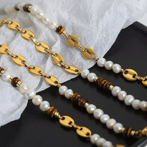 Tiger's Eye Freshwater Pearl 18k Gold-plated Necklace in Gold with beaded