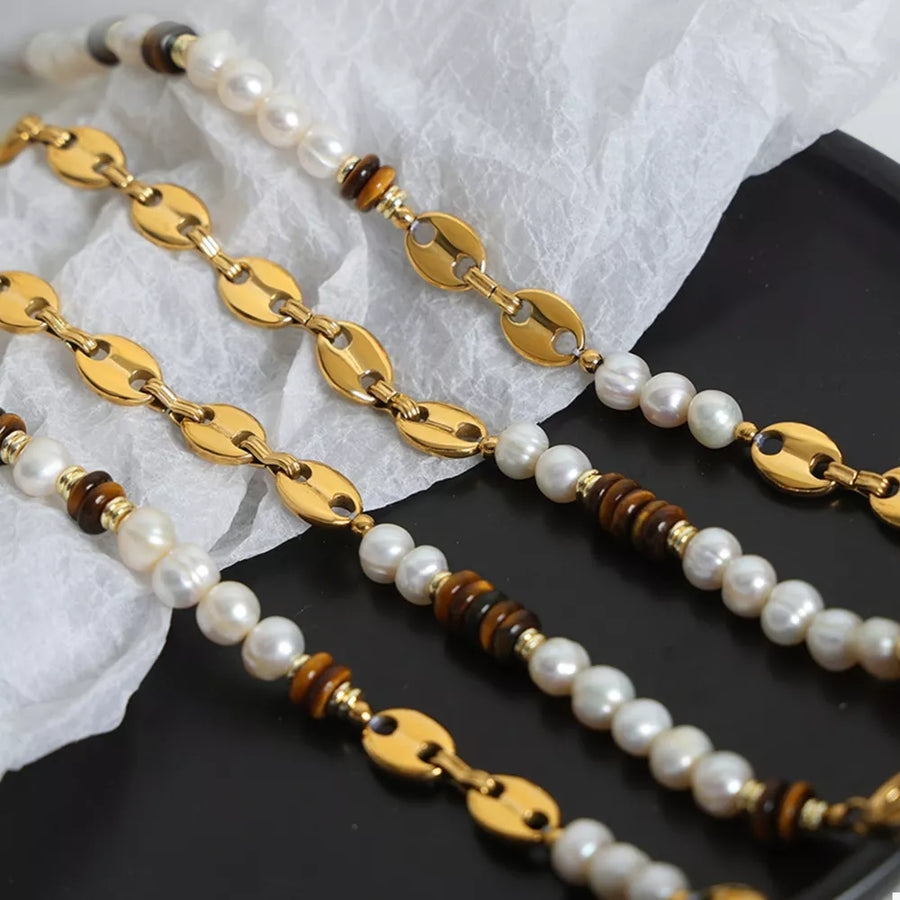 Tiger's Eye Freshwater Pearl 18k Gold-plated Necklace in Gold with beaded