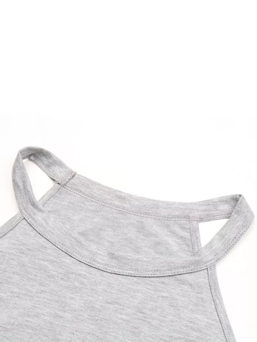 Grey halter tank top with cut-out detail at neckline and double strap detail.