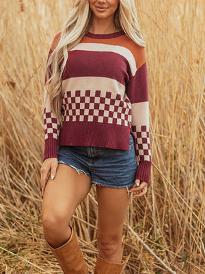 rust pullover sweater with drop shoulder and long sleeve