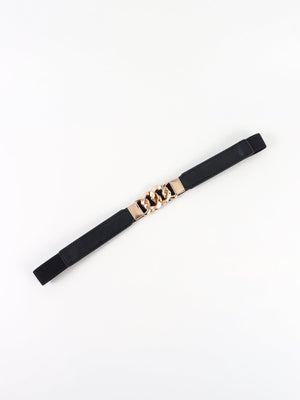 Black faux leather belt with gold chain detail and elastic back.