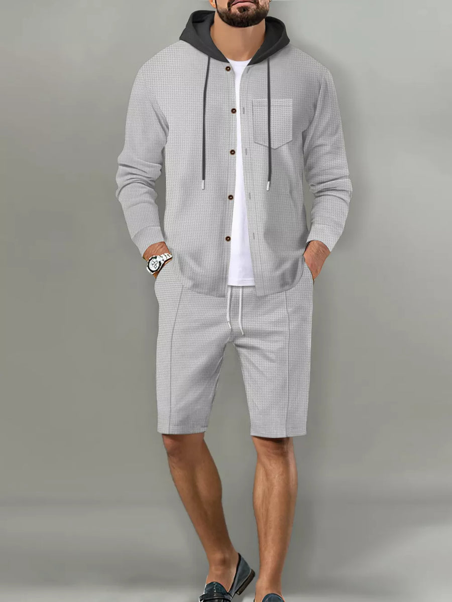 Grey with Men's Casual Hooded Button-up Shirt And Shorts Set in Grey