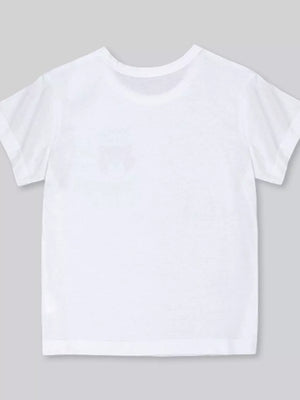White crewneck t-shirt with short sleeves and a subtle graphic detail on the chest.