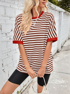 Striped Breton tee with red trim and white contrast stitching.