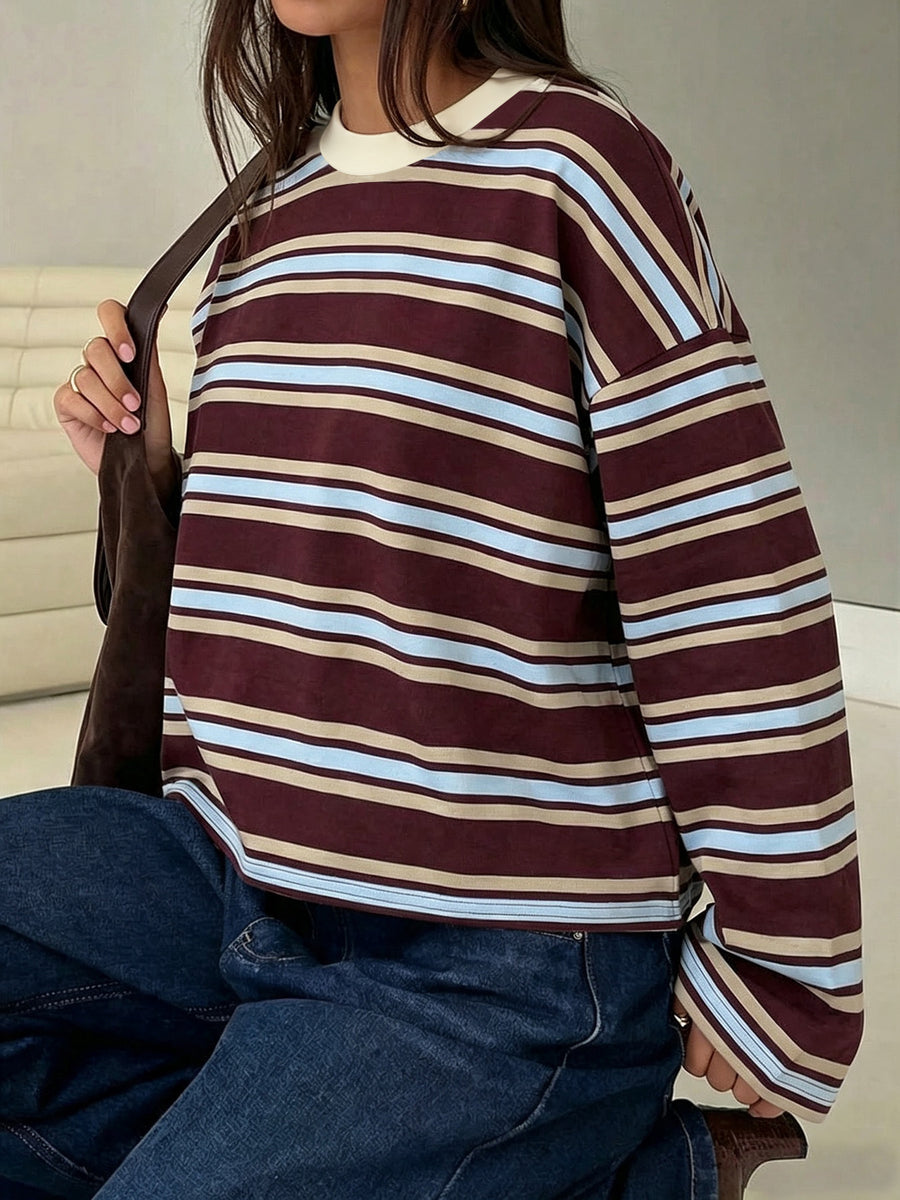 Casual Long-Sleeve Striped Crew Neck T-Shirt Plus Size in Sky Blue