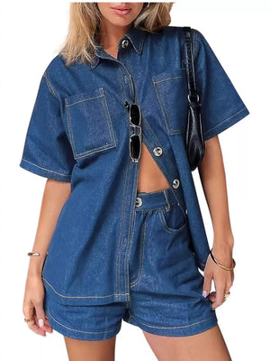 Blue matching set with hip-length top, thigh-length shorts and button-front (shirt), button and zip-front (shorts)