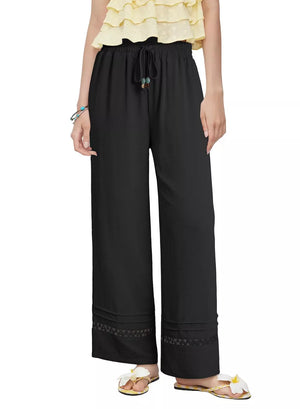 Black wide-leg maternity pants with drawstring and lace trim detail